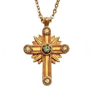 AVON Cross Necklace Gold Blue Rhinestone